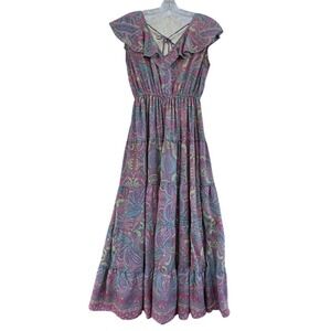 Boemo Pink Teal Paisley Ruffle Tiered Maxi Dress Boho Tassel Back Womens Medium